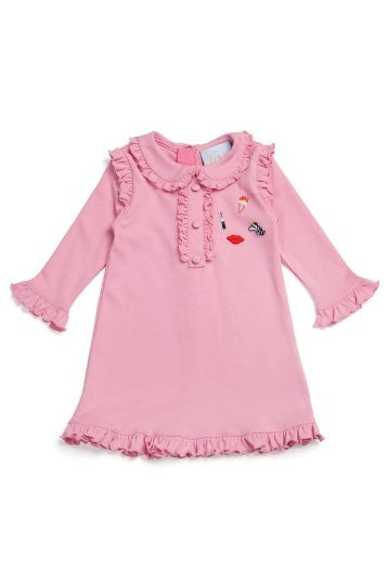 Pink cotton dress with curls and emblems
