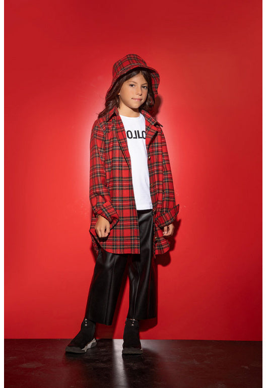 Red plaid long wool shirt