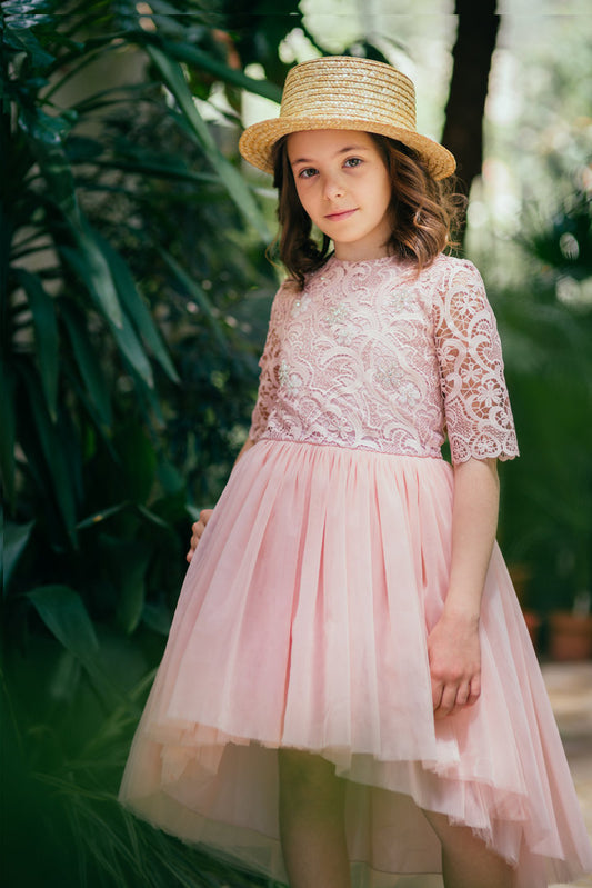 Asymmetrical pink dress made of pink lace and tulle