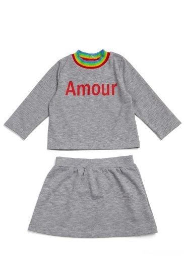 Grey knitted skirt and blouse set with red inscription AMOUR