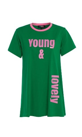 Green knitted dress with pink inscriptions