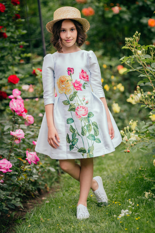 Light blue dress with roses with yellow ribbon and hand embroidery