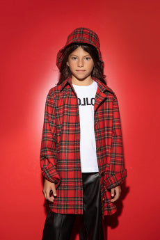 Red plaid long wool shirt