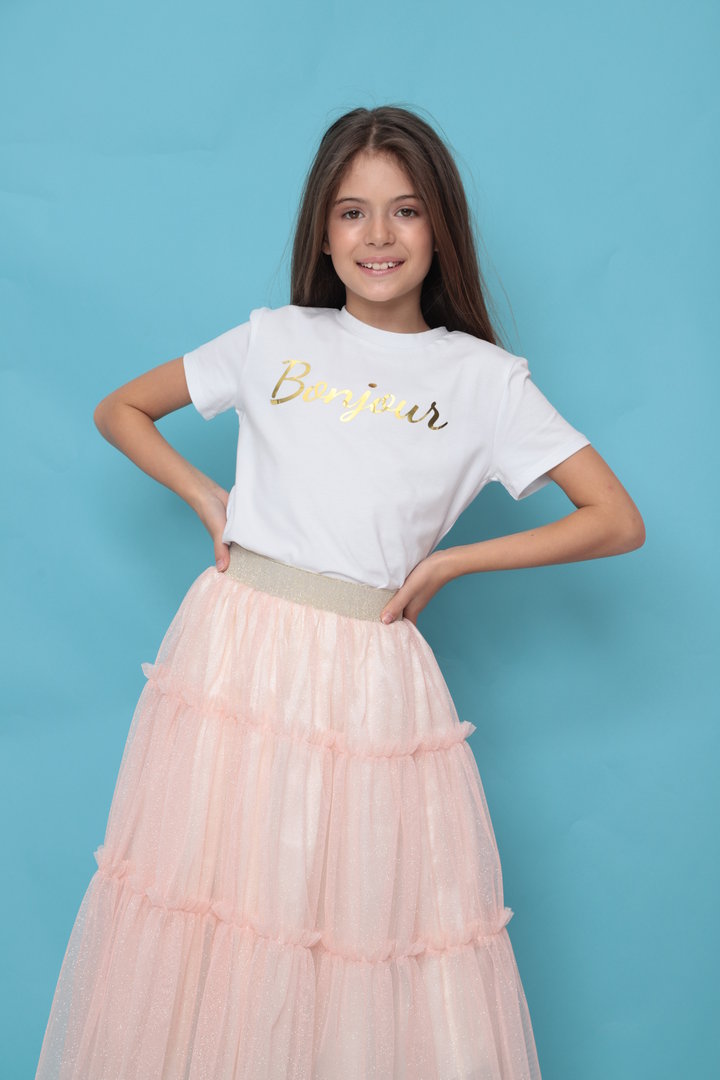 White T-shirt with short sleeves and gold inscription - Bonjour