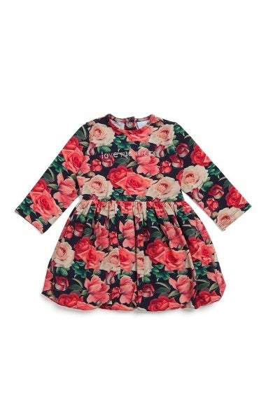 Cotton dress with red roses and an inscription of stones