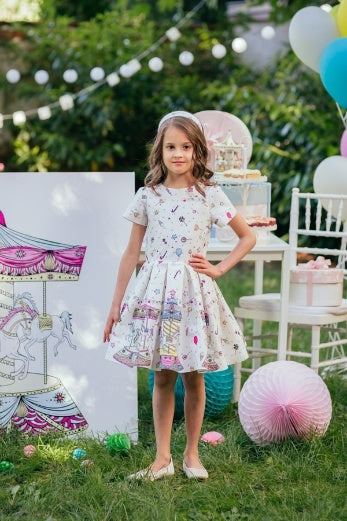 White dress with Carousel print