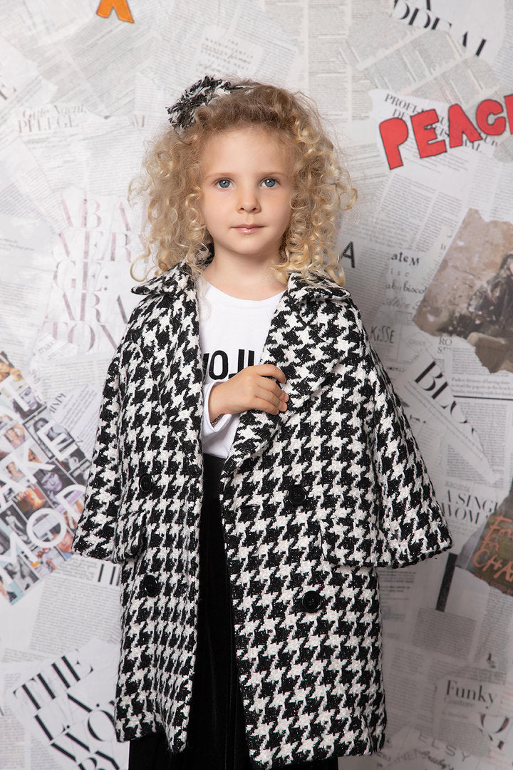 Black and White Pepit Composition Wool Coat