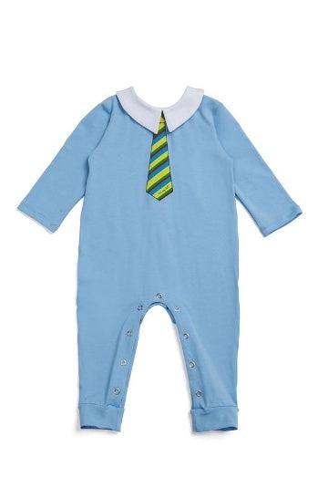 Light blue jumpsuit with colored tie