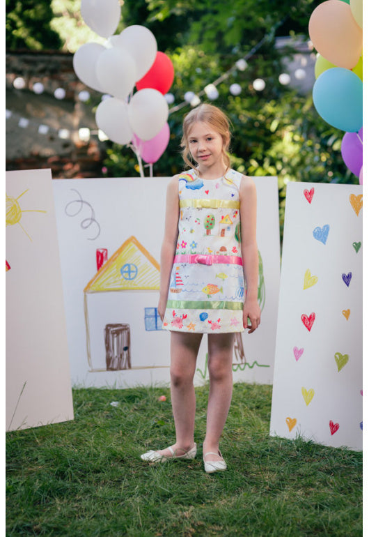 Dress with children's drawings and colourful ribbons