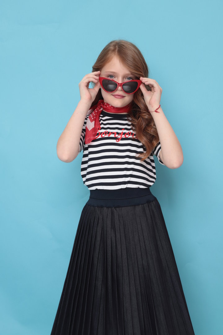 Striped Black and white t-shirt with red Bonjour label