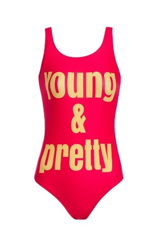 Cyclamen full swimsuit with inscription Young & Pretty