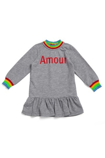 Grey knitted dress with colourful elements and inscription AMOUR