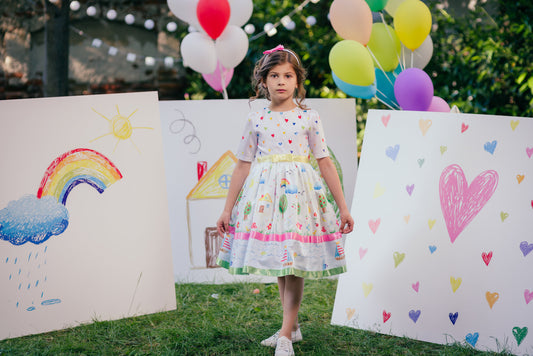 Dress with children's drawings with tulle and colored ribbons