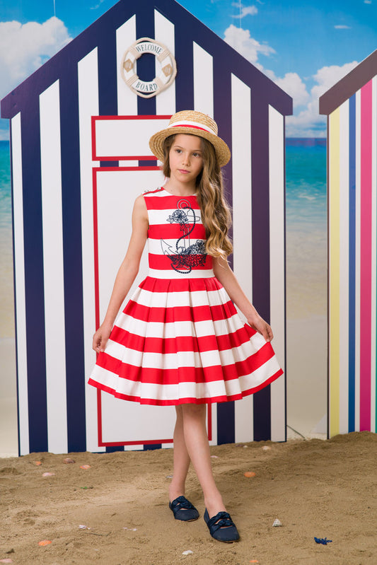 Striped dress in white and red with anchor print