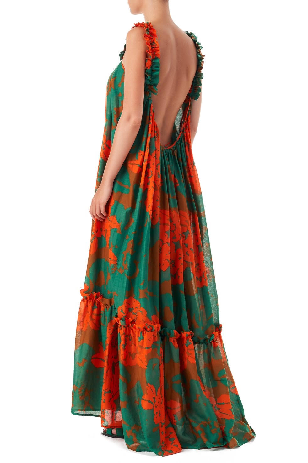 Clara Floral Deep Maxi Dress mit offenem Rücken und Rüschenbesatz