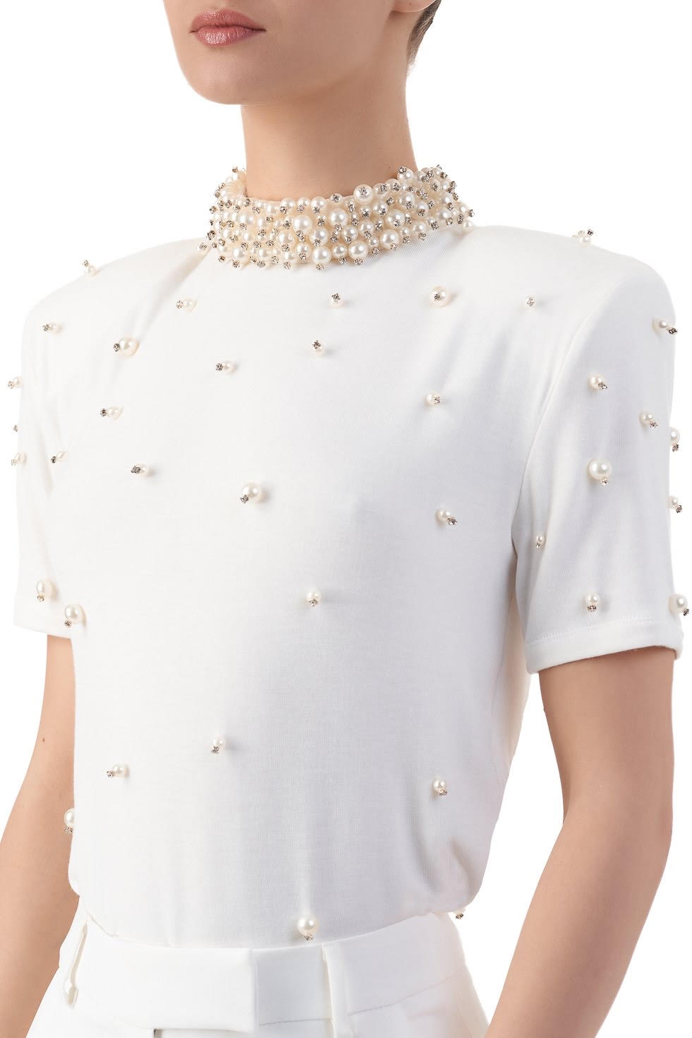 Linda cremefarbenes perlenbesetztes Kurzarm-T-Shirt